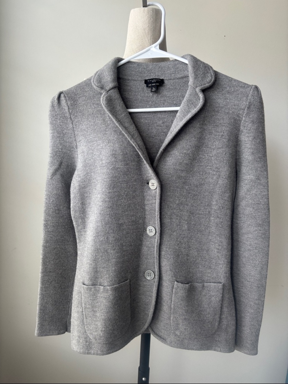 Talbots Blazer Jacket Womens Small Petite Light Gray Knit Merino Wool